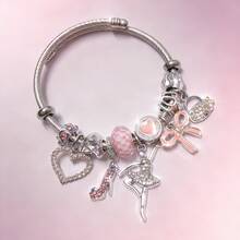 1件装多吊坠时尚心形蝴蝶结串珠不锈钢手链，女友礼物，节日礼物 - 銀色 - 查看 2