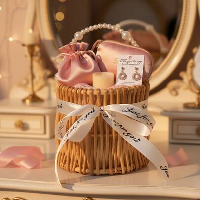 Wicker Flower Girl Basket/Gift Basket For Wedding, Handwoven Wicker Storage Basket With Large & Small Pearl Handles, Candy Basket, Suitable For Wedding, Home, Garden Decor