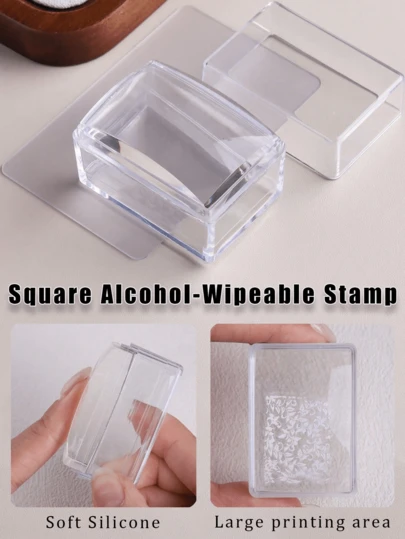 Square Transparent Silicone Nail Art Stamp Set(Stamp + Scraper), High Transparency, Alcohol Wipeable, Suitable For Large Steel Plates, Rectangular Jelly Nail Stamp With Scraper And Silicone Replacement Stamp Head