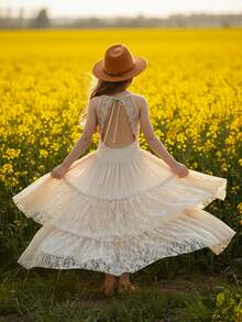 Tween Girl Summer Vacation Lace Backless Splicing Dress With Large Hemline And Straps - Beige - View 8