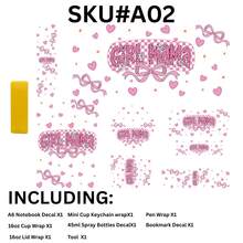 UV DTF贴纸套装 - 7种尺寸，创意装饰 + 1个工具，包括：16盎司杯子贴纸*1，A6笔记本贴纸*1，喷雾瓶贴纸*1，笔套*1，书签贴纸*1，盖子贴纸*1，迷你杯钥匙扣贴纸*1，以及1个工具。母亲节设计 - 创意手工风格，适用于复活节、母亲节、生日等场合。 - 7 size decal+1 Tool - 查看 12