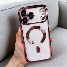 DECOPHONE 1pc Shiny Pink Metal Frame Open Magnetic Case, Simple, Elegant, And Stylish Protection, Compatible With Apple 17 Pro, 17 Pro Max/Supports Wireless Charging With Lens Protection. - Pink - View 5