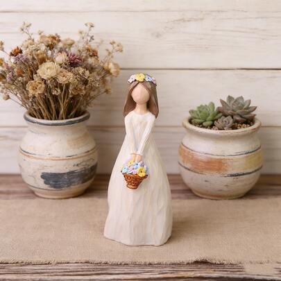 1件装 春夏北欧田园疗愈花环女孩树脂摆件 家居装饰、桌面摆件、客厅玄关氛围装饰、送给女友/朋友的生日礼物