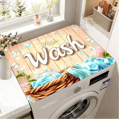1pc Home Decor Washing Room Pattern Printed Washing Machine Dust Cover Mat, Rubber Soft Bottom, Washing Room Accessory, Washing Machine Top Protective Pad, Quick Absorbent And Dry, Refrigerator Dust Cover Mat, Coffee Maker Countertop Absorbent Mat, Diatomite Draining Mat, Modern Washing Room And Kitchen Appliances Washing Machine And Dryer Dust Cover, Home Decor, Kitchen And Dining Room Decor