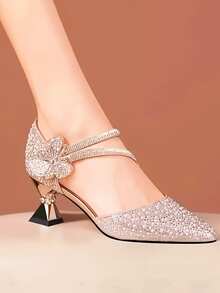 优雅水钻装饰女士高跟鞋，珍珠蝴蝶结装饰水晶尖头低跟凉鞋，时尚镂空女士中跟鞋，婚礼派对高跟鞋 - 金色 - 查看 9