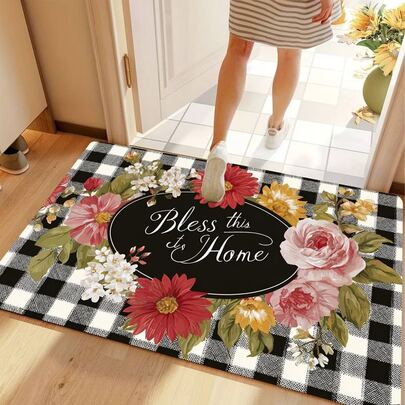 1pc Spring Flower Doormat, Black And White Plaid Background Design, Indoor And Outdoor Decorative Floor Mat, Suitable For Porch, Bathroom, Bedroom, Kitchen And Yard. Spring Carpet, Doormat, Small Rug, Welcome Mat, Carpet, Mat, Outdoor Doormat, Kitchen Rug, Home Decor, Front Door Mat, Area Small Rug, Outdoor Mat, Home Decor, Area Rug, Garden Carpet, Washable Carpet, Suitable For Party Decoration, Enhance Home Style, Necessary Decor To Add Holiday Charm