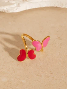 1 pieza Anillo de mariposa calado esmaltado versátil y de moda - Dorado - Ver 12