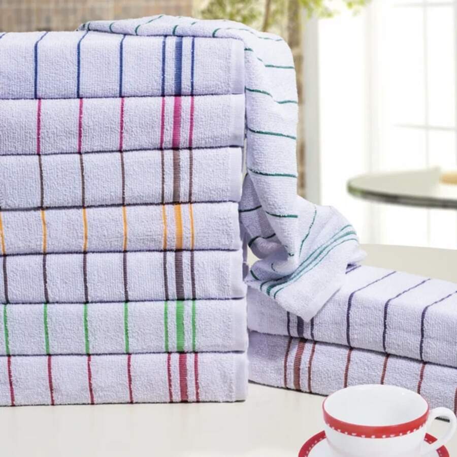 Set Of 6 Large Kitchen Towels, Terry Cloth, 100% Cotton, White With Pretoria Stripes - 白色條紋 - 查看 1