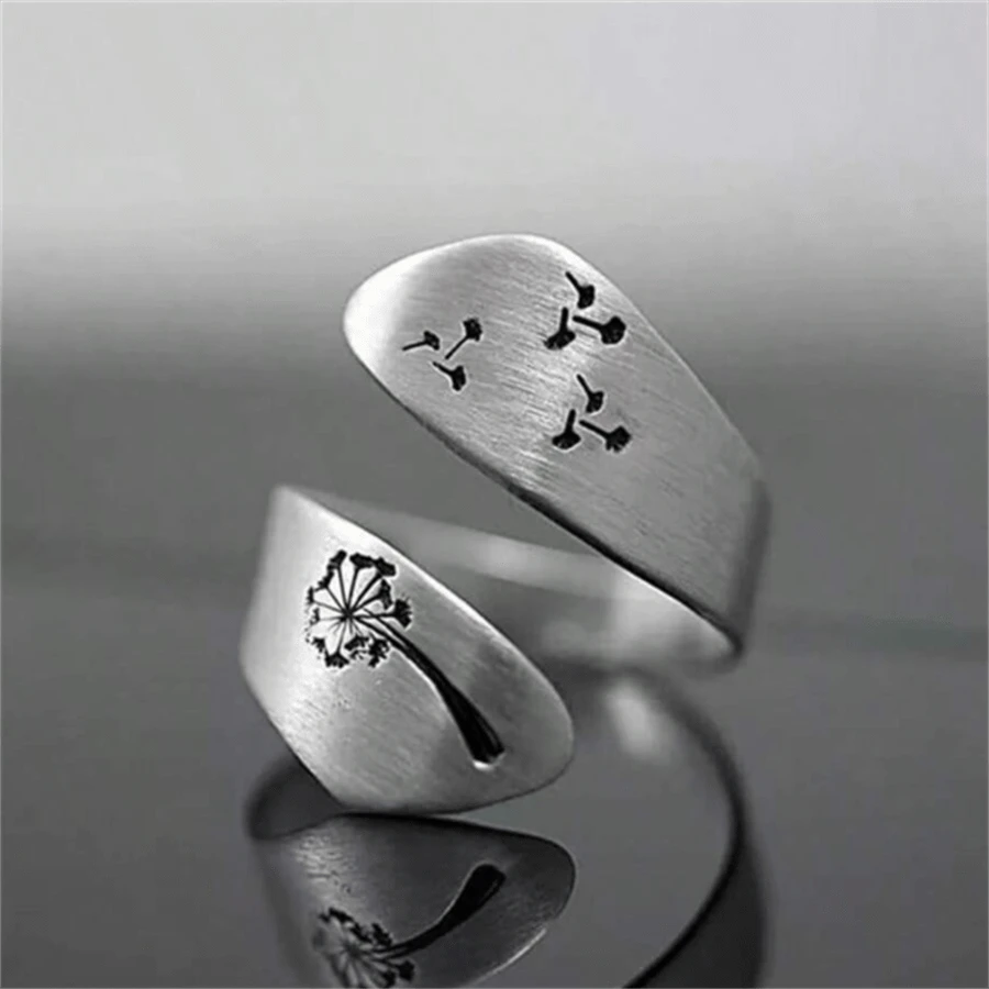 1 pièce Bague ouverte ajustable vintage bohème avec fleur de pissenlit, bijou de mode pour femmes - argent antique 06 - Voir 1