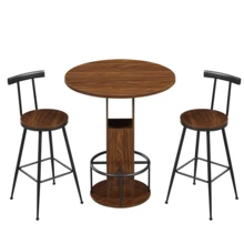 3-Piece Bar Table And Stool Set: 80cm Round Table With Two Stools, Wooden Dining Table With Metal Ring-Shaped Footrests. Ideal For Dining Rooms, Cafes, Bars, Living Rooms, Etc. - Brown - View 3