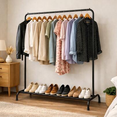 Cabideiro De Chão Para Roupas e Bolsa Estilo Industrial Uso Múltiplo Armário Aberto Com Sapateira