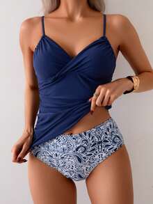 Women's Solid Color Spaghetti Strap Bikini Swimwear Vacation Beach Summer - Navy Blue - View 4