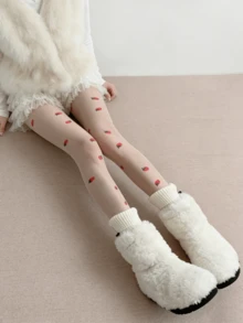 1双白色/黑色轻薄甜美草莓图案洛丽塔风格长筒袜，适合春夏穿着 - 彩色 - 查看 11