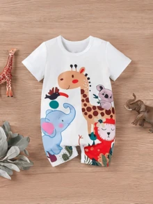 MOSSRIVER 男婴短袖卡通动物长颈鹿、大象、猴子印花连体衣 - 白色 - 查看 11