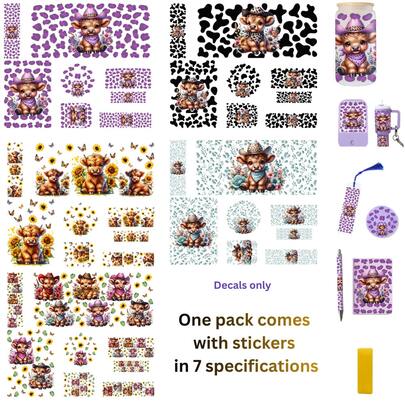 [7-Pieces UV DTF Decal Kit+1Tool] - Highland Cow Designs Includes 16oz Cup Wrap X1, A6 Notebook Sticker X1, Mini Cup Keychain Wrap X1, Bottle Decal X1, Pen Wrap X1, Bookmark X1 & Lid Sticker X1 And Tool X1 - Easy Apply, Durable Finish, Set, Pack, Bundle, Collection For Easter/Mother's Day/Father's Day
