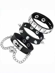 Set Of 3 Punk Rock Leather Bracelets In Black With Gunmetal Studs And Chain – Unisex Gothic Street Style - Bạc - Xem 9