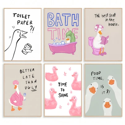 6pcs/Set Silly Goose And Silly Duck Bathroom Canvas Print Artwork–Danish Pastel Bohemian Style, Medieval Popular Style, Suitable For Home Decor, Room Decor, Bedroom Decor, Living Room Decor, Bathroom Decor, Wall Decor, Optional Wall Art With Frame.