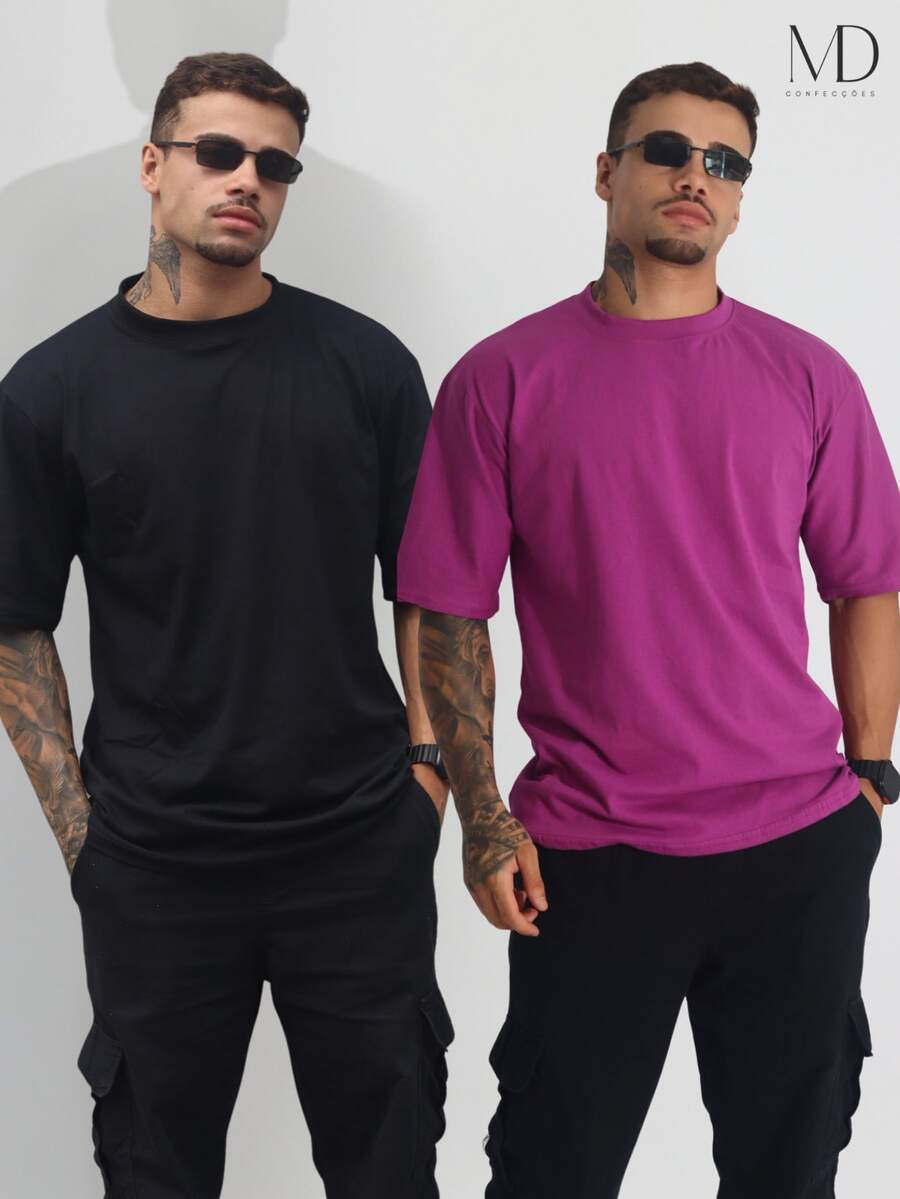 Kit 2 Men's Oversized T-Shirt Streetwear Plain Cotton Basic Collar - Bụi tím - Xem 1