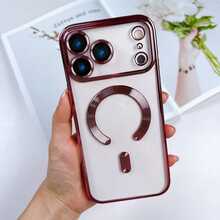 DECOPHONE 1pc Shiny Pink Metal Frame Open Magnetic Case, Simple, Elegant, And Stylish Protection, Compatible With Apple 17 Pro, 17 Pro Max/Supports Wireless Charging With Lens Protection. - Pink - View 7