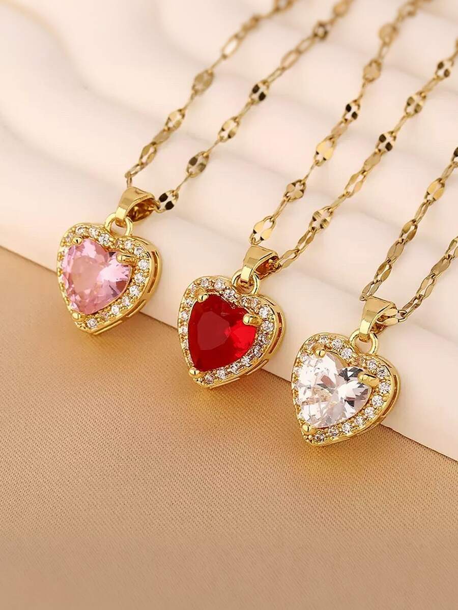 1pc Elegant Heart-Shaped Copper Pendant Necklace, Heart Necklace, Cubic Zirconia, Stainless Steel Chain, Summer Jewelry Gift, Suitable For Girls And Women - Multicolor - View 1