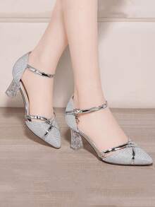 女士优雅高跟鞋，舒适粗跟扣带金色高跟鞋，时尚透明高跟派对婚礼高跟鞋，春夏 - 銀色 - 查看 12