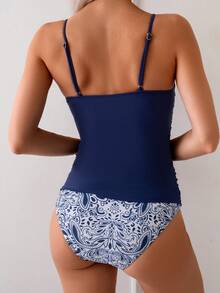 Women's Solid Color Spaghetti Strap Bikini Swimwear Vacation Beach Summer - Navy Blue - View 3