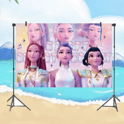 1件生日派对装饰背景布，主题摄影背景横幅，气球和卡通设计生日派对用品，适合作为女孩生日礼物