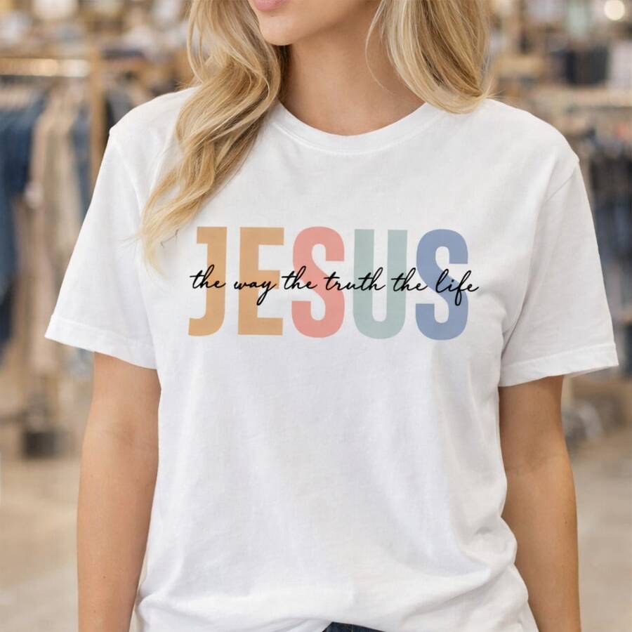 Camiseta de algodón para mujer con estampado cristiano "Jesús, el camino, la verdad, la vida". Ideal para uso diario o como camiseta conmemorativa para amigos o seres queridos. También adecuada como suéter. Entrega rápida. - Blanco - Ver 1