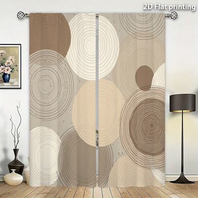 2片装米色浅棕色圆形图案窗帘，简约风格，杆式窗帘，绒面材质，适用于客厅、卧室、书房、厨房、庭院等家居装饰。