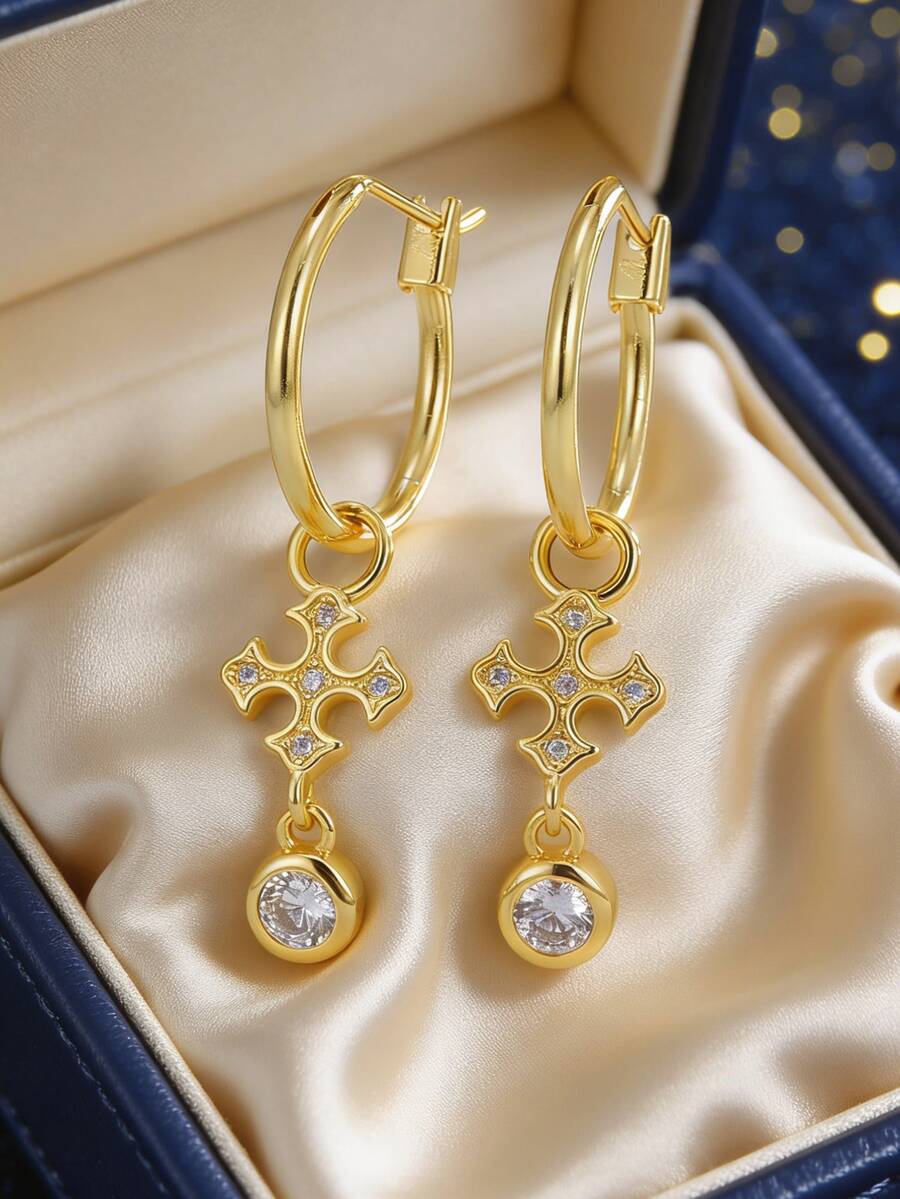 Pendientes de aro chapados en oro para mujeres, adornados con cruces de circonita y colgantes redondos, de estilo minimalista y elegante, adecuados para el uso diario y el vestuario laboral, un regalo ideal para entusiastas de la moda - Dorado - Ver 1