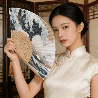 1pc Kanagawa Wave Folding Fan, Japanese Style Folding Fan, Ukiyo-E Wave Folding Fan, Vintage Wooden Folding Fan, Portable Summer Fan, Navy Blue Sakura Butterfly Fan, Summer Cooling Fan, Photography & Dance Prop Fan, Retro Craft Folding Fan, Wooden Tassel Folding Fan