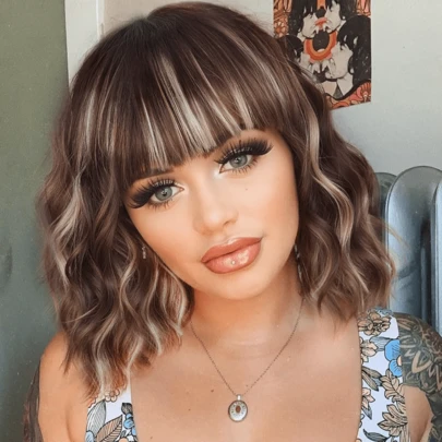 Short Bob Wavy Wigs For Women Black Mixed Brown Wig With Bangs Synthetic Brown Highlight Curly Wig Natural Looking Heat Resistant Fiber Hair For Daily Party Cosplay Use