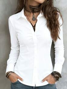 French Fitted Slimming Elegant Versatile Design Solid Color Shirt, Crease Buttons Front Lapel Collar Casual Office Wear White Spring - White - View 1