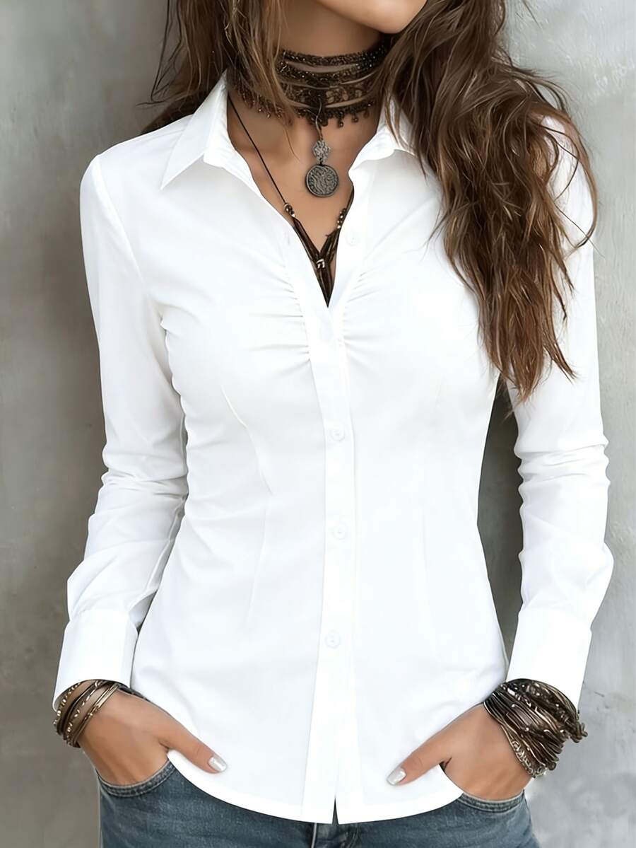 French Fitted Slimming Elegant Versatile Design Solid Color Shirt, Crease Buttons Front Lapel Collar Casual Office Wear White Spring - White - View 1
