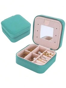 1pc Mini Portable Travel Jewelry Organizer Case With Inner Mirror, Zipper Closure Small Jewellery Storage Box, Divided Compartments Design Ring Earring Bracelet Necklace Holder, Lightweight Desktop & Travel Jewelry Display Box For Women Girls - Multicolor - View 11