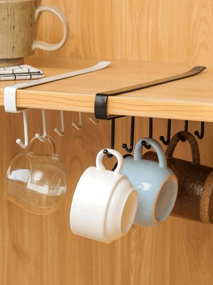 1pc/White/Black 6-Hook No Drill Multi-Function Hanging Rail, Wardrobe Hooks, No Drill Kitchen Hooks, Adhesive Hooks Rack, Track Style Kitchen Utensil Rack, Pot Hanging Rack