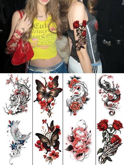 8pcs Floral & Mythical Creature Temporary Tattoos, Ink Painting Niche High-End Style, Unisex Arm/Collarbone Faux Tattoo, Scar Cover, Suitable For Travel, Photo Shoot, Music Festival, Party Body Decoration