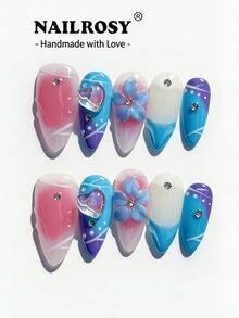 10pcs Handmade Matte Almond-Shaped 3D Burgundy Flower Nail Art, Elegant 3D Gel Nail Decals, Reusable False Nails For Vacation, Holiday, Birthday - Baby Blue - View 10