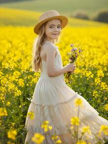 Tween Girl Summer Vacation Lace Backless Splicing Dress With Large Hemline And Straps - Beige - View 7