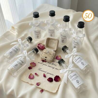 50pcs Small Clear Plastic Bottles With Black Lids & White Ribbons, Cheers Themed (He Popped The Question) Stickers, Reusable For Wedding Table Decor, DIY Bridal Shower Supplies & Engagement Celebration Favors