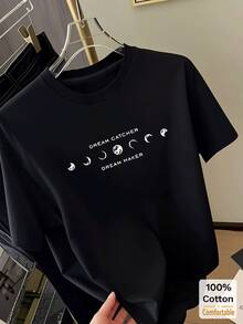 Moon Print Short Sleeve Mid-Length T-Shirt, Fashionable Casual Top For Women Black Summer - Black - View 2