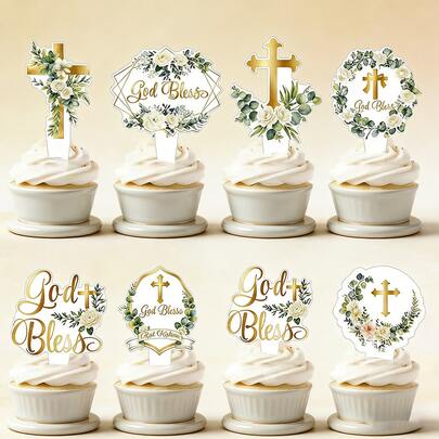 28pcs/Set,God Bless Cupcake Toppers Cross,Greenery Baptism Cupcake Toppers Floral Leaves God Bless Cross Cupcake Picks Oh Babe First Holy Communion Cake Decorations For Christening Religious Baptism Babe Shower Birthday Party Supplies