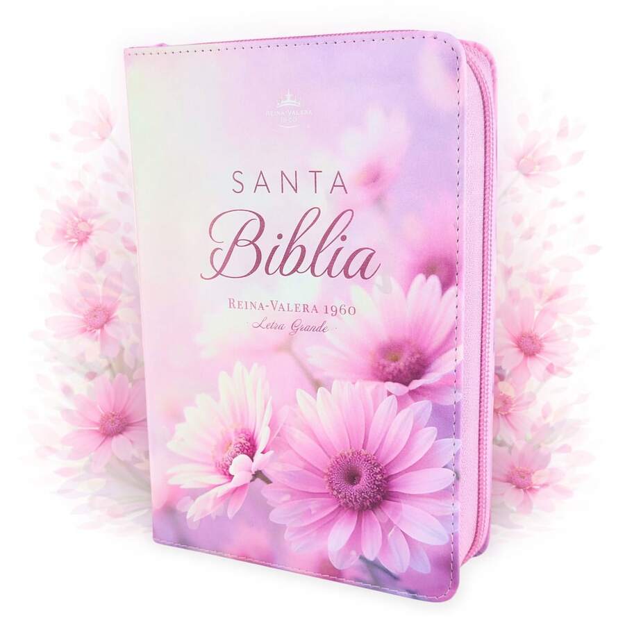 Biblia Con Cierre Para Mujer Portatil Letra Grande 12 Puntos RV1960, Imit Piel Duotono Blanco Y Rosa Margaritas Con Indice Y Canto Floral - Single Book - View 1