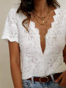 JoWins New Vintage French Elegant Short Sleeve V-Neck Loose Hollow Crochet Lace Blouse, Casual Commuter Wear For Women, Spring/Summer White - White - View 2