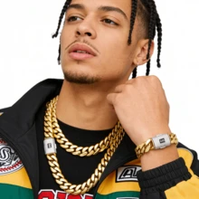2pcs 14K Gold Plated Hip Hop Jewelry Set For Men, 14mm Thick Stainless Steel Curb Link Chain, Punk Clamshell Buckle Necklace & Bracelet - Golden+Silvery - View 10