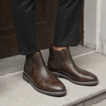 男士切尔西靴，休闲复古风踝靴 - 咖啡棕 - 查看 3