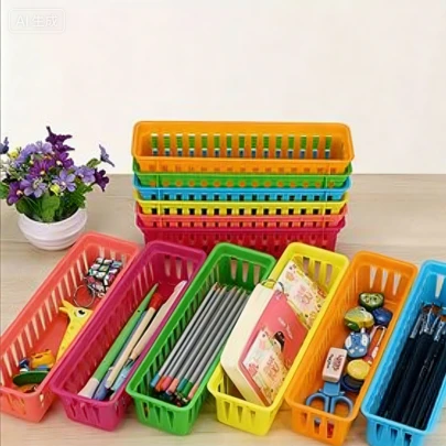 6pcs Colorful Desktop Organizer Storage Baskets, Hollow Design, Suitable For Kitchen, Cosmetics, Snacks, Stationery Storage In Office, School And Home - Durable Plastic Desktop Storage Boxes