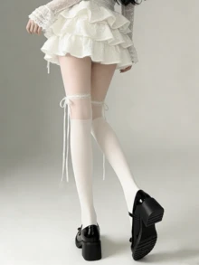 1双米色/黑色薄款透明甜美蝴蝶结拼接长筒袜，适合春夏穿着 - 彩色 - 查看 11