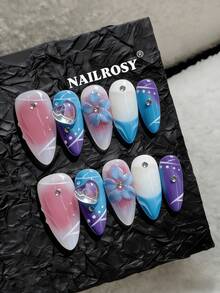 10pcs Handmade Matte Almond-Shaped 3D Burgundy Flower Nail Art, Elegant 3D Gel Nail Decals, Reusable False Nails For Vacation, Holiday, Birthday - Baby Blue - View 2