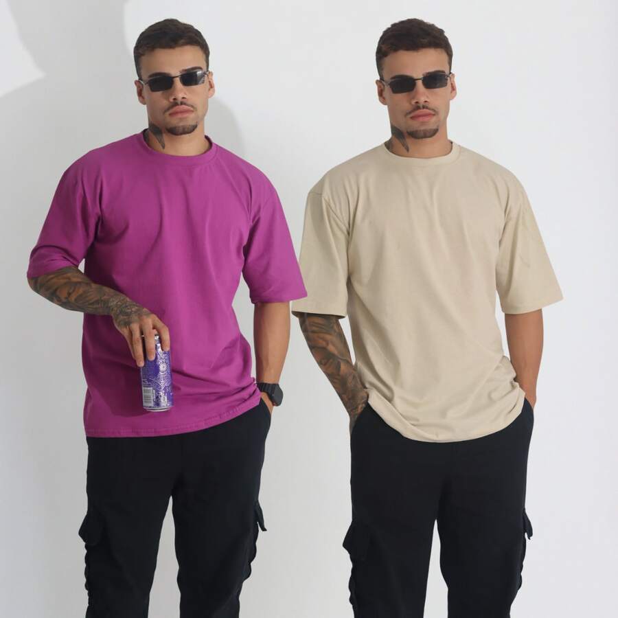 Kit 2 Men's Oversized T-Shirt Streetwear Plain Cotton Basic Collar - Xem 1